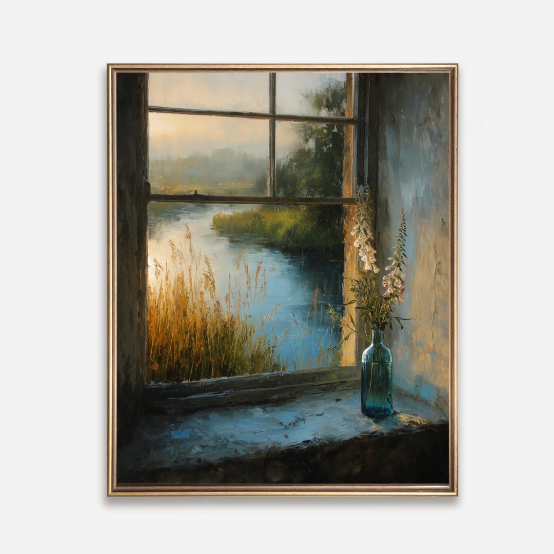 Rustic Window Wall Art Print – Sunset Lake View With Wildflowers ...