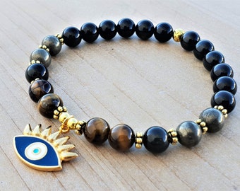 Protection from Evil Eye Bracelet, Black Obsidian, Pyrite, Tiger's Eye, Yoga Bracelet, Mala Bracelet, Spiritual Bracelet, Wrist Mala, Boho