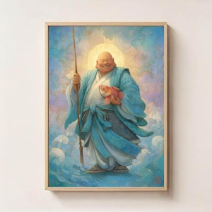 May include: A framed artwork depicting a smiling, bald figure in blue robes holding a red fish and a staff. The background features a radiant light and stylized clouds in shades of blue, pink, and purple. The artwork has a serene and spiritual theme.
