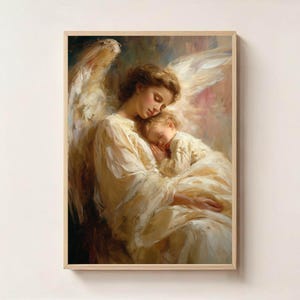Guardian Angel and Child Digital Print – Angel Holding Baby Art, Comforting Heavenly Wall Decor, Christian Nursery Blessing Poster