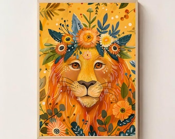 Boho Lion Wall Art – Floral Jungle King Print – Vibrant Animal Digital Download – Bold Safari Nursery Decor – Whimsical Lion Poster
