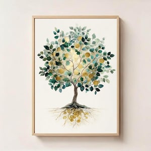 Könnte beinhalten: Aquarellmalerei eines Baumes mit grünen Blättern und goldenen Früchten, vor weißem Hintergrund. Der Stamm und die Wurzeln des Baumes sind sichtbar, und das Kunstwerk ist in einem hellen Holzrahmen gerahmt. Wanddekoration mit Naturmotiv.