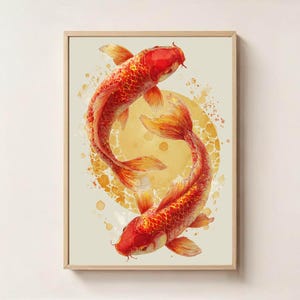 May include: A framed art print featuring two vibrant red and orange koi fish swimming in a circular pattern. The fish are set against a yellow sun-like background with a light beige backdrop. The artwork is enclosed in a natural wood frame.