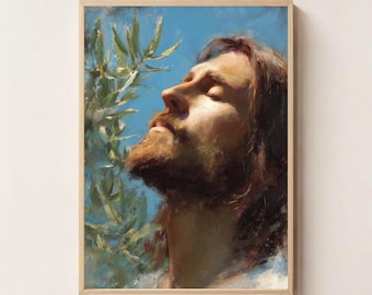 Lámina artística de Jesús mirando al cielo, decoración digital cristiana para pared, retrato de Jesús para imprimir, póster religioso de fe, arte de fe