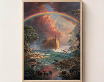 Noah's Ark Digital Wall Art, Bible Story Rainbow Poster, Christian Print for Kids Room, Faith-Based Animal Artwork, Instant Download