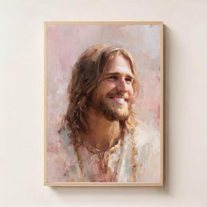 Joie du Sauveur - Portrait de Jésus souriant, art mural chrétien, impression numérique de la foi, oeuvre d&#39;art religieuse inspirante, art moderne de Jésus