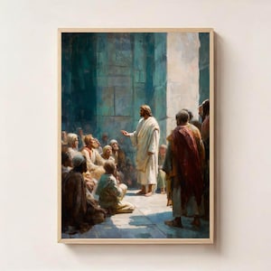 Puede incluir: Pintura religiosa enmarcada que representa a un hombre con túnica blanca dirigiéndose a una multitud. La obra de arte utiliza una paleta de colores cálidos con énfasis en la luz y la sombra, creando profundidad y dramatismo. La escena está ambientada en una estructura de piedra.