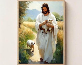 He Carries the Lost, Jesus Print, Christian Printable Art, Jesus and the Lamp, Jesus Poster, Bible Art, Jesus Digital Art, Jesus Printable