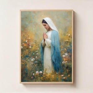 Mother Mary Digital Art Print – Peaceful Marian Wall Decor, Catholic Home Blessing, Religious Christian Artwork for Prayer Space, Faith Art