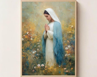 Impression d'art numérique Mère Marie – décoration murale mariale paisible, bénédiction de la maison catholique, oeuvre d'art chrétienne religieuse pour espace de prière, art de la foi