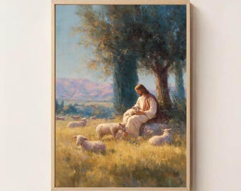 The Lamb of His Heart Art Print, Christian Wall Art, Jesus with Lamb, Bible Verse Art, Jesus Wall Art, Inspirational Religious Home Decor