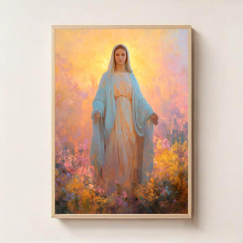 Queen of Heaven – Blessed Virgin Mary Print, Catholic Wall Art, Marian Devotion, Christian Religious Painting, Holy Mother Artwork image 1