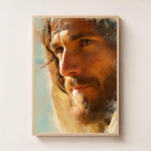 La lumière dans ses yeux - Portrait de Jésus-Christ, art mural chrétien, impression numérique de la foi, oeuvre d&#39;art religieuse inspirante, art moderne de Jésus