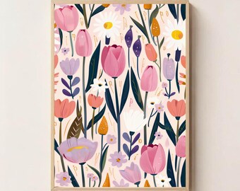 Tulip Floral Digital Print – Pink and Yellow Flower Wall Art, Scandinavian Botanical Printable, Spring Garden Nursery Decor