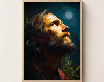Jesus Praying in Gethsemane Art Print | Garden of Gethsemane Artwork | Moonlit Biblical Scene | Christian Wall Art of Faith and Surrender