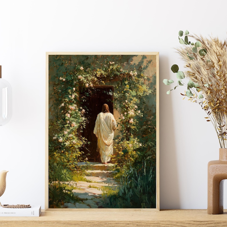 Jesus knackar på dörren konsttryck, Jesus väggkonst, Jesus utskrivbar, religiös heminredning, trosbaserad konst, kristen konsttryck, bibelkonst bild 3