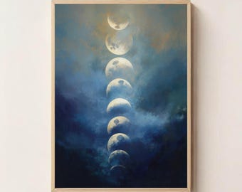 Grafika ścienna z fazami księżyca – cykl księżycowy, wystrój boho, plakat z nocnym niebem, duchowa astrologia, wydruk faz księżyca