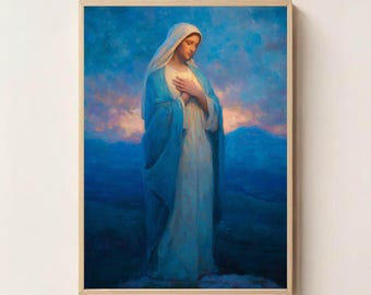 青い服を着た聖母マリア – カトリックのデジタルアートプリント
