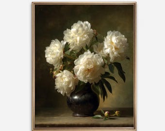 Vintage Peony Still Life Art Print – Classic Floral Wall Art,  Farmhouse Wall Decor, (Digital Printable Download)