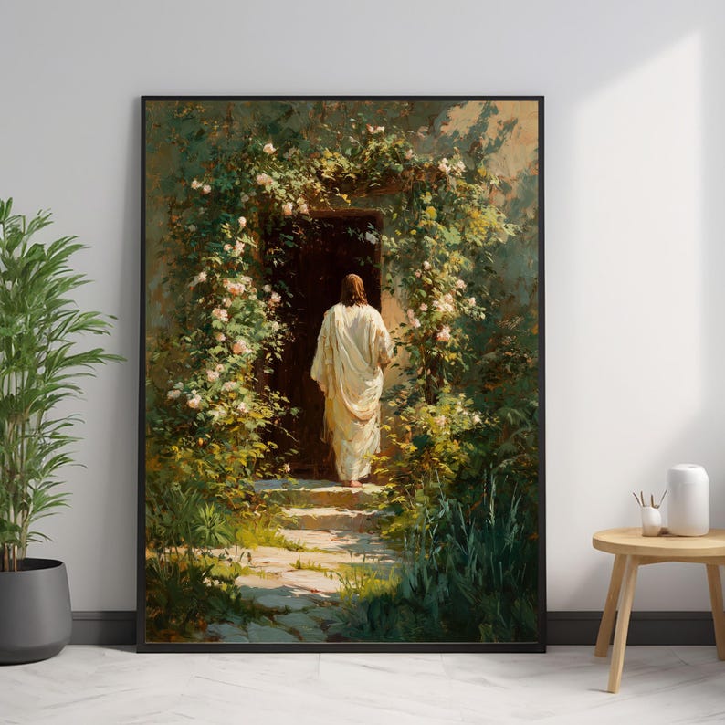 Jesus knackar på dörren konsttryck, Jesus väggkonst, Jesus utskrivbar, religiös heminredning, trosbaserad konst, kristen konsttryck, bibelkonst bild 4