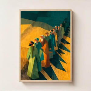 Puede incluir: Impresión artística abstracta que representa una fila de figuras con túnicas, caminando sobre un paisaje geométrico amarillo y verde. Las figuras son en tonos verdes, azules y naranjas. La obra está enmarcada en un marco de madera clara.