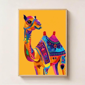 Impresión digital de camellos coloridos: arte mural vibrante de camellos en amarillo, animal bohemio imprimible, decoración desértica, obra de arte de camellos exóticos y brillantes.