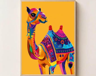 Colorful Camel Digital Print – Vibrant Camel Wall Art on Yellow, Boho Animal Printable, Desert Decor, Bright Exotic Camel Artwork
