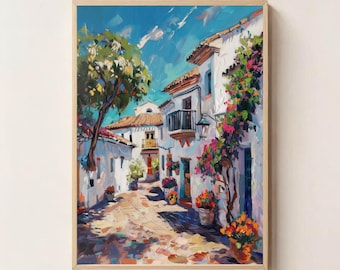 Arte mural de España: Calle encalada en Andalucía, lámina de viaje por el Mediterráneo, arte mural moderno, arte mural de viaje
