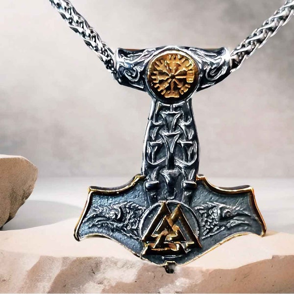 Thor's Hammer Pendant with Valknut & Aegishjalmur