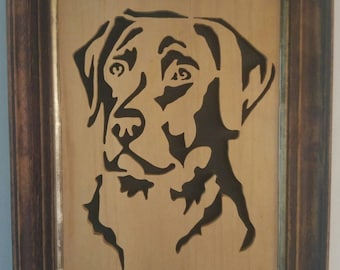 Wooden labrador picture. Cut by hand from reclaimed wood.