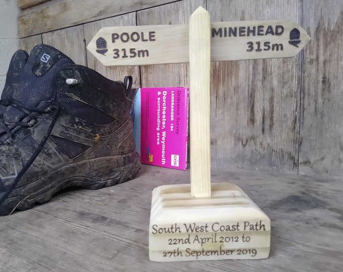 Custom Hiking trophy. Walking trophy. South West Coast Path, Appalachian Trail, Penine Way. Personalised just for you. Mini Sign Post.