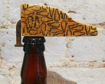 Reclaimed Wood Bottle Opener: Bent Nail, Pyrography Design