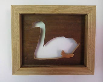Wooden wall art of a Swan and Cygnet from reclaimed wood