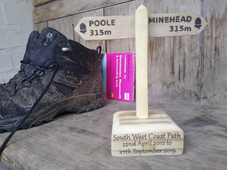 Custom Hiking trophy. Walking trophy. South West Coast Path, Appalachian Trail, Penine Way. Personalised just for you. Mini Sign Post. image 1