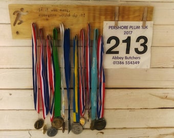 Personalized Reclaimed Wood Medal & Bib Holder: Runner Gift
