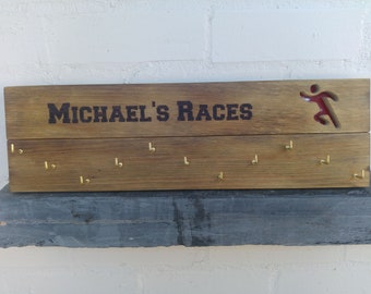 Personalized Reclaimed Wood Runners Medal Holder: Engraved Display Rack