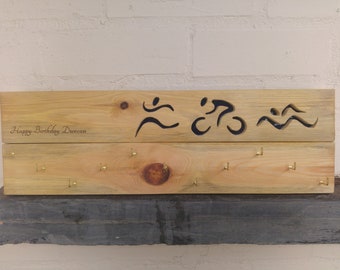 Triathlon Medal Holder that can be customised made from Reclaimed Wood. Gift for Triathletes.