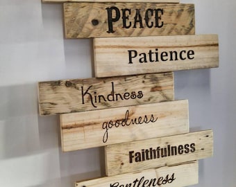 Fruits of the Spirit Wooden Sign: Reclaimed Wood, Pyrography Art. Love Joy Peace.