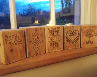 Reclaimed Wood Tea Light Holder, Pyrography Design, Custom Christmas Gift