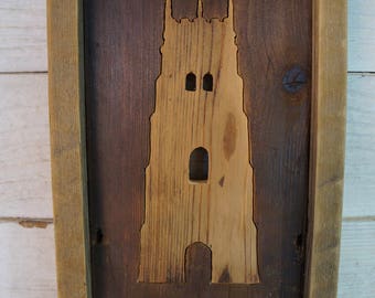 Wooden wall art of Church Tower. Evesham Bell Tower. Made from reclaimed wood.