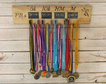 Runners PB Medal Holder with blackboards for recording PBs or PRs. Made from Reclaimed Wood. Can be customised. Gift for runners.