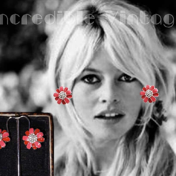 Vintage Enamel Rhinestone Daisy Flower Stud Earrings Coral Red Two Tone 1960s Bridal Jewellery Stunning Gift Estate Jewelry