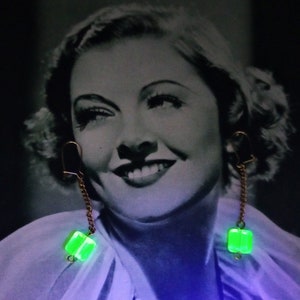 Vintage Uranium Glass Drop Earrings Hand Made Unique Jewelry Art Deco Jewellery Square Czech Beads