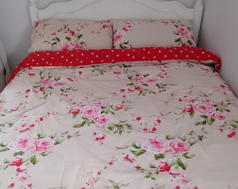 Vintage Double Duvet Cover Matching Pillowcase Set Pink Floral Red Polka Dot Reversible 1950s Style Retro Home Camper Van Country Cottage