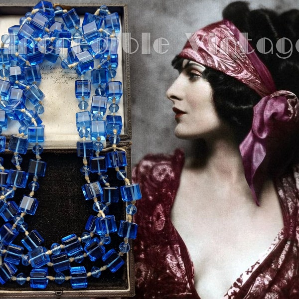 Antique Art Deco Bohemian Czech Cornflower Blue Glass Cube Beads Long Flapper Necklace 1920s Jewelry Collector Gatsby Bridal Beautiful Gift