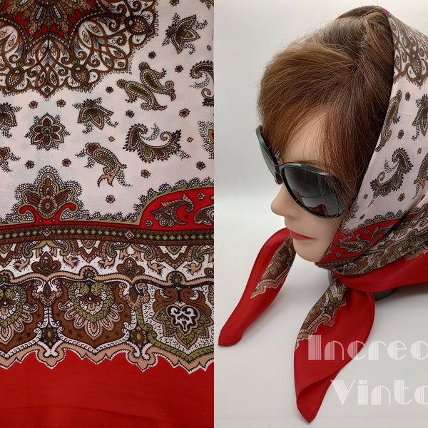 Vintage Silky Red Paisley Square Scarf by HAMMURA JAPAN Hand Rolled Edges Mid Century Classic Boho Gypsy