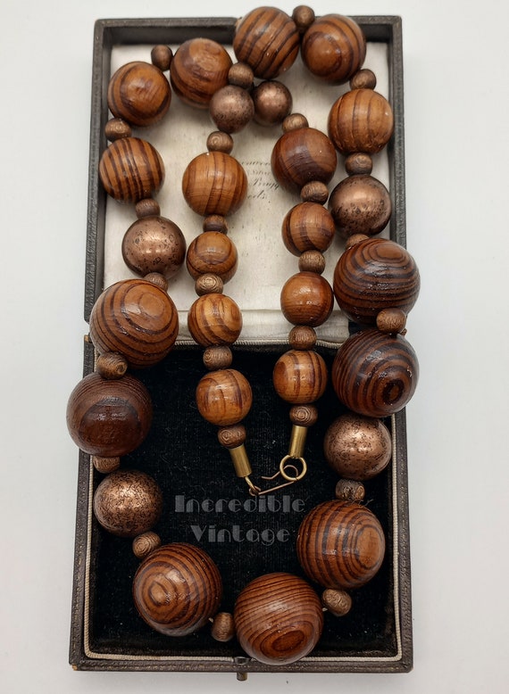 Vintage Wood Copper Chunky Beads Long Necklace Ha… - image 6