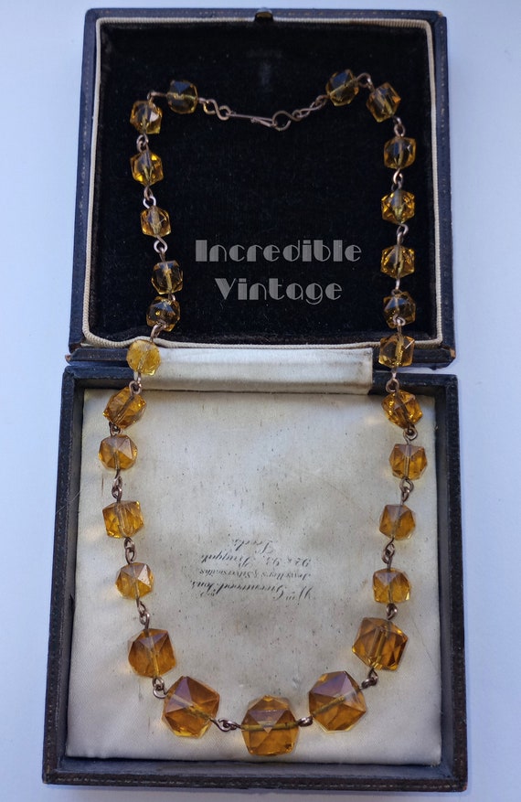 Vintage Art Deco Citrine Glass Cube Beads Necklac… - image 3