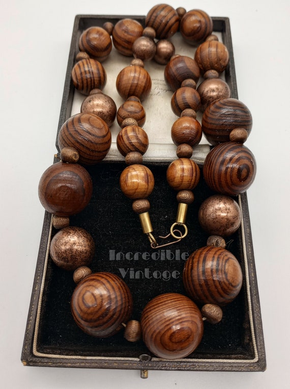 Vintage Wood Copper Chunky Beads Long Necklace Ha… - image 7