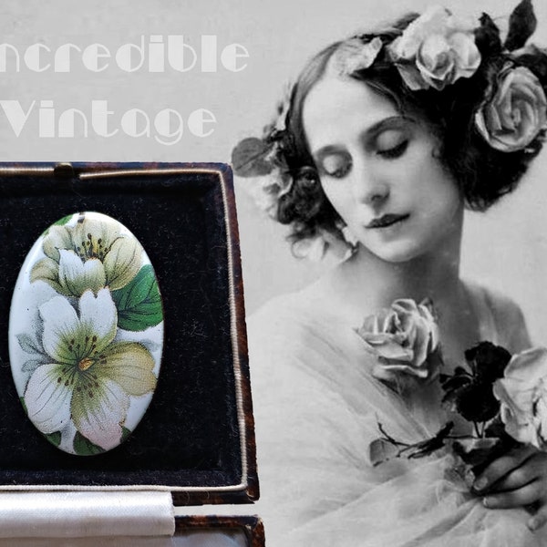 Vintage Art Nouveau Style 1960s Enamel On Copper Oval Floral White Flower Brooch Artisan Hand Made Pin Beautiful Gift